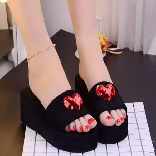 Summer sweet pink wedge sand beach slippers, stylish platform high heel sandals and slippers