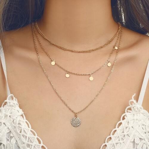 Trendy Elegant Multilayer Round Sequins Pendant Necklace Women European Gold Chains Long Necklace Jewelry Kolye Gift YN146