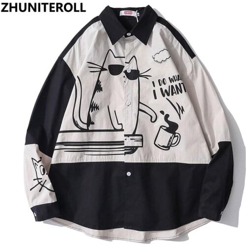 2021 Funny Cat Print Mens Shirts Patchwork Button Down Longsleeve Shirt For Men Streetwear Hawaiian Beach Fashion Harajuku Tops