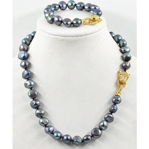 NEW 11-12mm Black Irregular shaped baroque pearl necklace bracelet set leopard Clasp set 19"