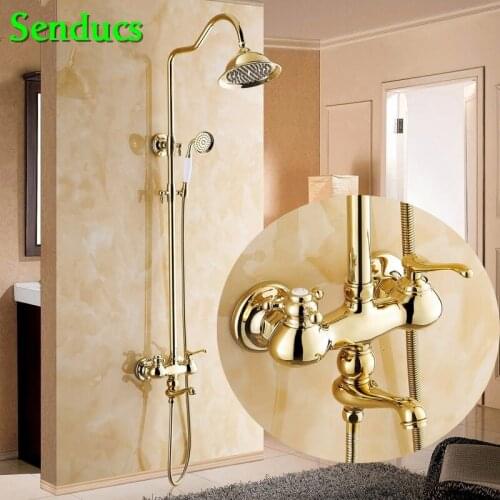 Senducs Bathroom Gold Shower Set Luxury Solid Brass Bathroom Shower Faucet with High Quality Polished Gold Bath Shower Set