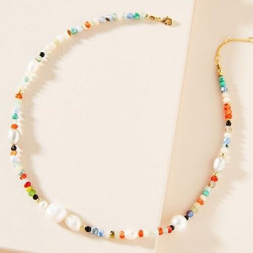 2021 bohemian boho rainbow beads women quartz Necklace natural baroque real freshwater pearl chorker necklaces for women jewel