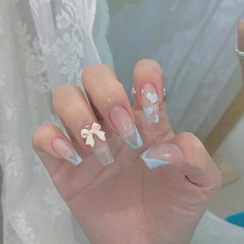 New Hot 24pcs Love Heart Printed Nails Patch with Bow Glue Type Long Paragraph Fashion Removable Manicure False Nails Patch