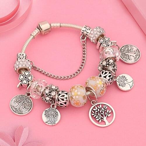 Leabyl Casual Ceramic White Crystal DIY Bead Bracelets & Bangles Flower Leaf Handmade Jewelry Bracelet Gift for Wedding