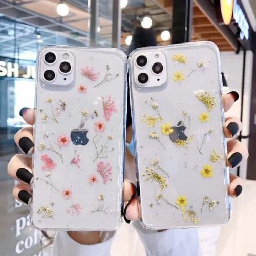 Real Dry Flowers Transparent Soft Case For iPhone 12 12Mini 11 Pro XS MAX XR X SE2020 7 8 Plus Glitter Flower Clear TPU Cover