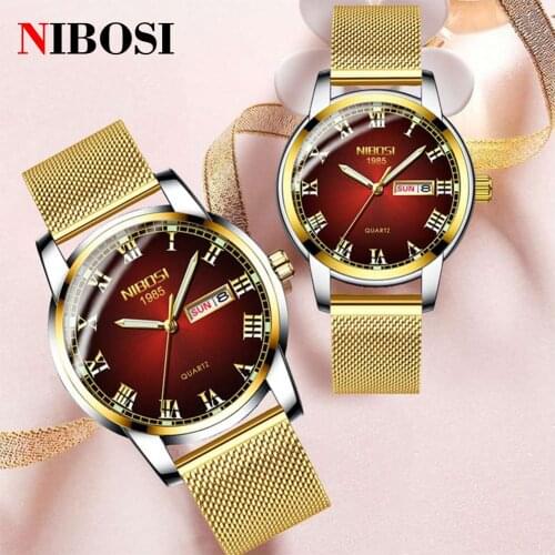 NIBOSI Luxury Couple Watches for Lovers Ladies Dress Quartz Clock Wrist Watches Golden Fashion Gifts for Men Women Wristwatch