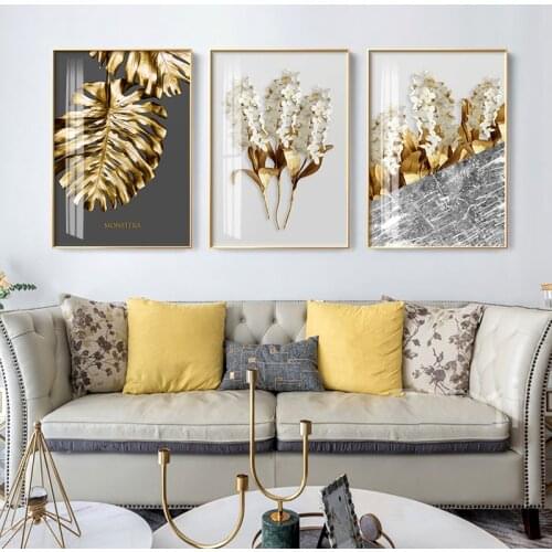 Nordic Golden Abstract Leaf Flower Canvas Painting Black White Feathers Poster and Prints Wall Art Picture for Living Room Decor