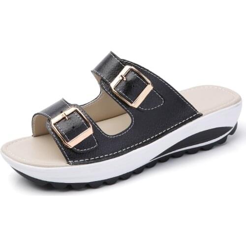 Women slippers buckle real leather slides shoes solid thick sole heels beach sandals women outside flip flops summer 2020 ert5