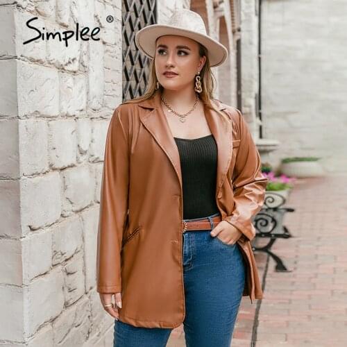 Simplee Office lace up women plus size Jacket autumn winter Elegant lapel blazer jacket brown Casual pocket fashion top coats