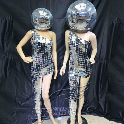 Nightclub Bar Female Singer Costume Model Catwalk Reflective Lens Jumpsuit Spherical Helmet Women Stage Perform Props DWY2894