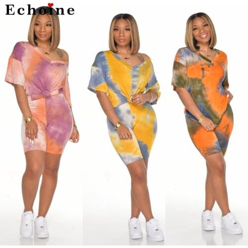 Women Two Piece Set Lounge Wear Casual Sportswear Tie-Dye Printed V-neck Fashion Home Gym T-shirt Shorts Set Chic Female Clothes