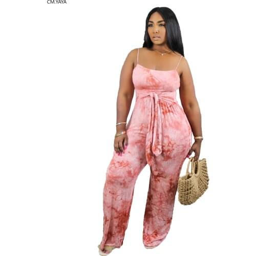 CM.YAYA Women summer tie dye print spaghetti strap open back with sashes straight jumpsuit streetwear one piece romper overall