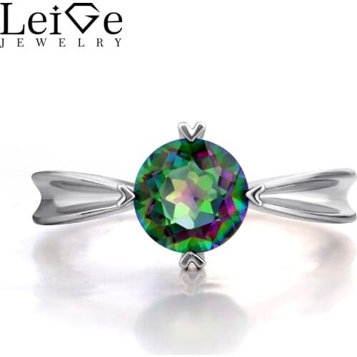 Leige Jewelry Mystic Topaz Rings Solitaire Gemstone Promise Engagement Rings for Women Rainbow Topaz Round Cut Fine Jewelry