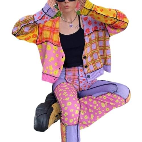 Ladies Floral Plaid Splicing Single-breasted Knitted Coat Breathable Girls Long Sleeve Knitwear Casual Cardigan Sweater