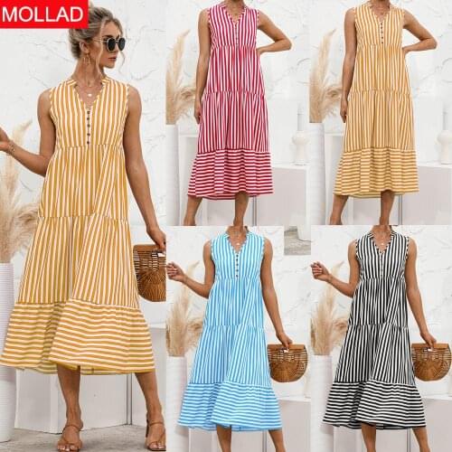 Summer 2021 New Hot Sale V-neck Striped Button Stitching Dress Women Summer Dresses