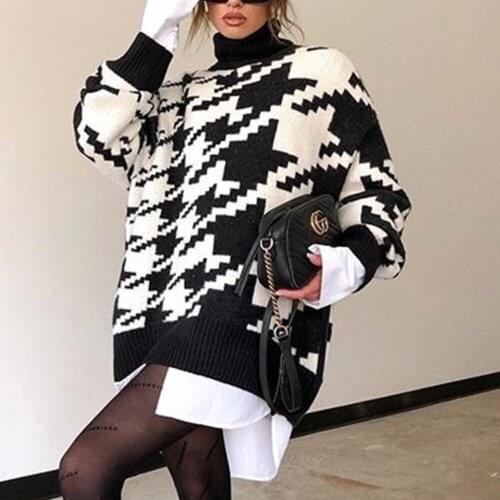 YICIYA 2020 Turtleneck Loose Sweater Dress Women Casual Knitted Jumper Oversized Long Sleeve Autumn Winter Houndstooth Pullover