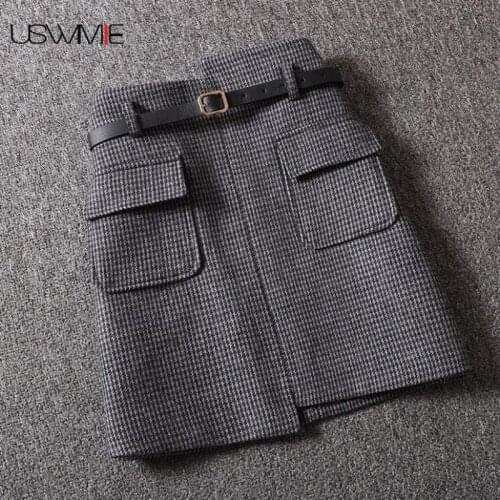 Winter New Fashionable Female Elegant Skirt Temperament Belt Irregular Color Matching Plaid Hit Color Comfort High Waist Skirt