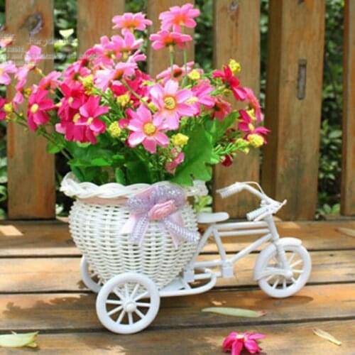 1Pcs White Plastic Tricycle Bike Decorative Flower Basket Home Storage Decoration Crafts Party Garden Decors Random Ribbon