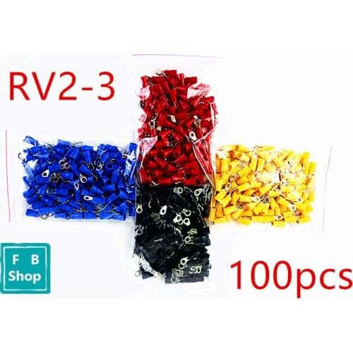 100pcs RV2-3 red blue black yellow Round pre insulated terminal cold pressed terminal copper nose cable connect