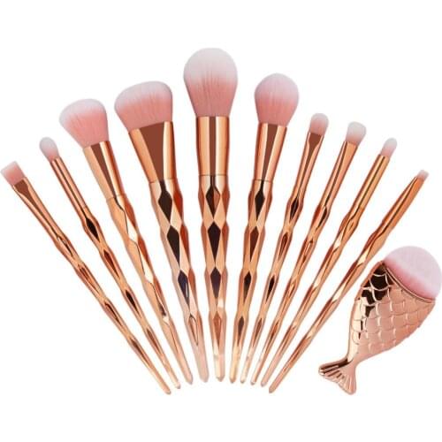 11Pcs/SET Diamond Rose Gold Makeup Brushes Set Fish Tail Fishtail Shaped Foundation Powder Make Up Brushes Tools Pinceis Sereia