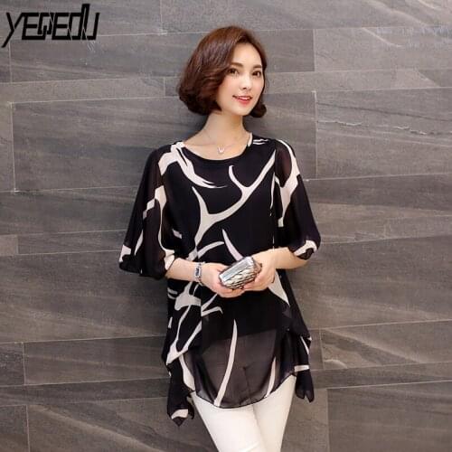 #2930 Summer Printed Chiffon Blouse Women Short Sleeve Plus Size Black/White Loose Flare Sleeve Asymmetrical Blouse Women Tops