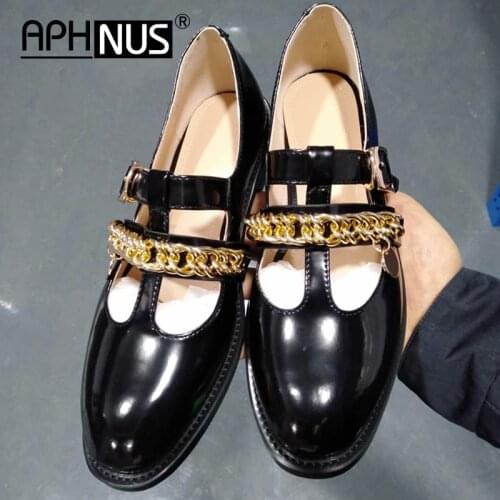 APHNUS Womens Belt Buckle Chains Low Mid Heels Pumps Flats Low Mid Heels Pumps Cow Leather Shoes Woman 2021 Shoes For Women New