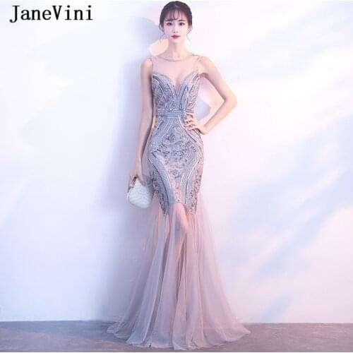JaneVini 2019 Sparkle Silver Gray Sequins Evening Dresses O Neck Sleeveless Mermaid Formal Long Evening Party Gowns Abiti Lunghi
