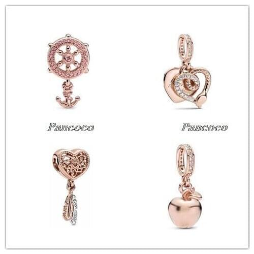 925 Sterling Silver Baeds Rose Openwork Heart Two Feathers Dreamcatcher Charm Fit Pandora Bracelet & Necklace Jewelry