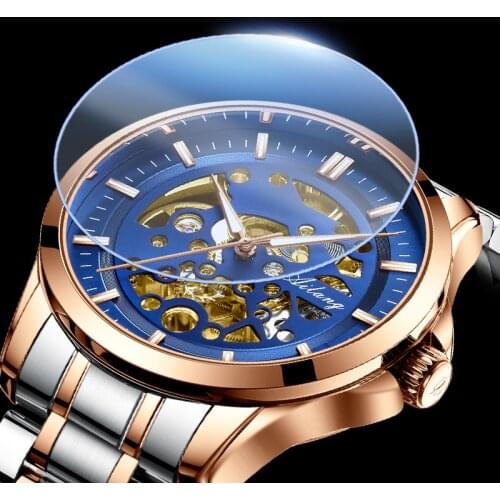 AILANG Mens Watch Fully Automatic Mechanical Stainless Steel Sports Waterproof Hollow Mens Watch Blue Dial Atmospheric Fashion