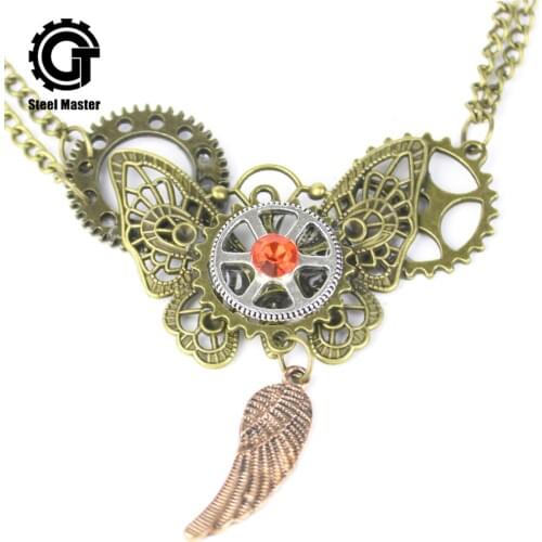 Gothic Vintage Womens Butterfly Gears Pendant Necklace Gold Chains Necklace Party Gift