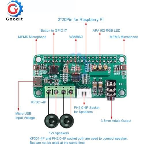 Intelligent WM8960 Voice Recognizer Audio Decoder Module Stereo 1W Amplifier Dual MIC Input for Raspberry Pi