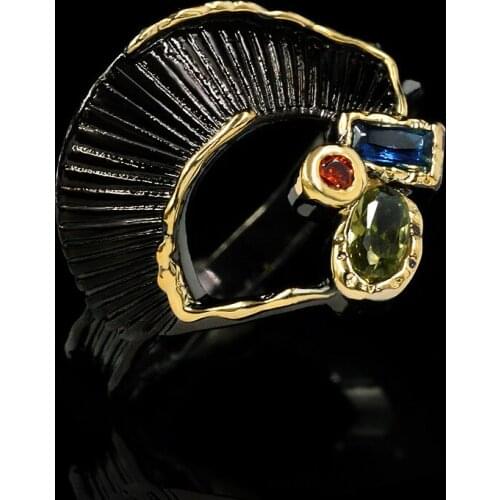 Independent design new retro punk style black gold fan-shaped ring earrings necklace three-piece exquisite ladies silver jewelry