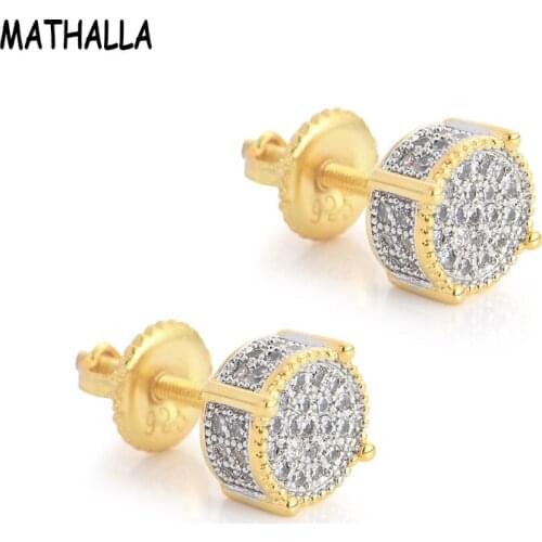 MATHALLA Pair of Ice Crystal Zircon Round Earrings Copper Gold Silver Fashion Two-Tone CZ Earrings Men and Women Jewelry