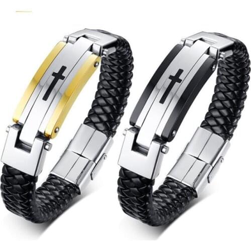 Brandnew Jewelry Hip-Hop Mens stainless steel 14mm Black Leather Huge Cross ID Bangle Bracelet Mens Gifts Father husband gifts