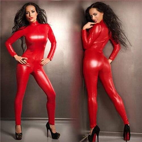 New Women Sexy Red Patent Leather Jumpsuit Bondage Zentai Catsuit Wetlook PVC Latex Leotard Crotchless Bodysuit Erotic Clubwear