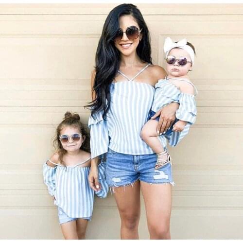 Mommy And Daughter Matching Clothes Striped T-shirts Summer Tops Off-shoulder T Shirt Mother And Daughter Clothes Family Look
