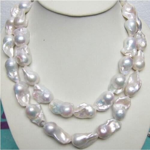 HUGE 15-28MM SOUTH SEA GENUINE WHITE BAROQUE PEARL NECKLACE 35 INCH 14K CLASP