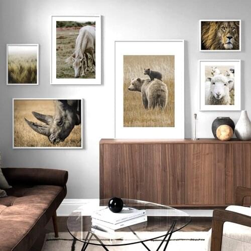 Grassland Bear Lion Horse Sheep Wall Art Canvas Painting Nordic Posters And Prints Animals Wall Pictures For Living Room Decor