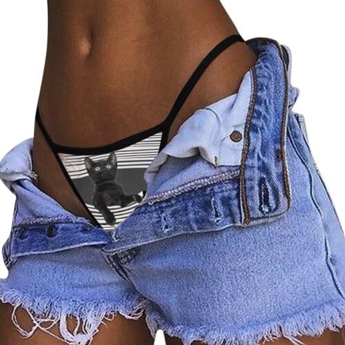 S-2XL Plus Size Womens Funny Cat Printing Solid Color High Waist Underwear Sexy Porno G-string Exotic Mini Thong Micro Bikini