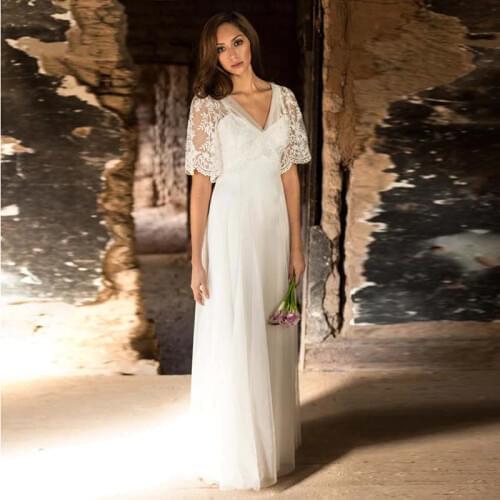 Chiffon Short Sleeve V Neck A Line Wedding Dresses 2021 Lace Applique Vestido De Noiva Sweep Train Bridal Gown Custom Size