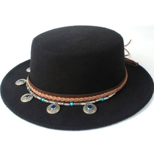 2019 Women Fashion Flat Top Hat Wide Brim Hat Dance Party Boaters Hat Wool Homburg Trilby Hat Size 56-58CM