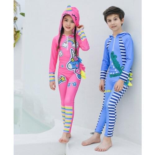 UPF 50+ Full Rash Guard for kids with Hood Long Sleeve One Piece Swimsuit Children Beach Surf Suit quick dry boys girls dinosaur