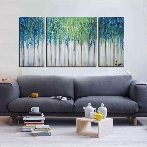 Modern Art Abstract Painting Green Blue Forest 3 Panel Canvas Art Abstract Oil Painting on Canvas Handmade Wall Art Decor Home