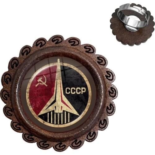 CCCP Soviet Badges Russia Adjustable Wood Rings Space Flight Universe USSR Soviet Communism Symbol Charm Ring For Friends Gift