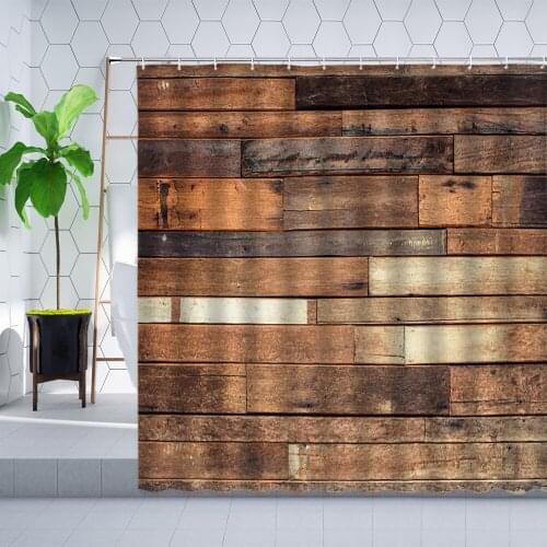 Farmhouse Vintage Wooden Shower Curtain Old Brown Geometric Striped Bathroom Wall Decoration Hanging Curtains Set Polyester Hook