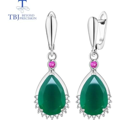 TBJ,Classic clasp earring with natural big green agate pear 10*15mm 925 sterling silver fine jewelry daily wear best for woman