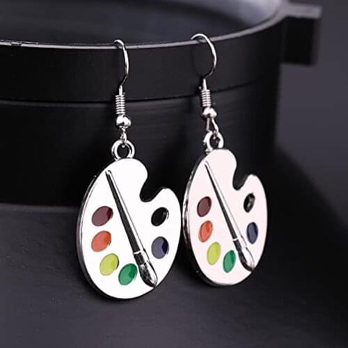 JK Fashion Palette Shape Women Drop Earring Brushes and Five-color Paints Personality Girl Earring Unique Gift for Painter