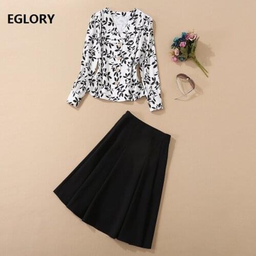 Top Quality New Skirt Suits 2020 Autumn Style Women V-Neck Leaves Print Long Sleeve White Shirts+High Waist A-Line Skirt Set 2pc