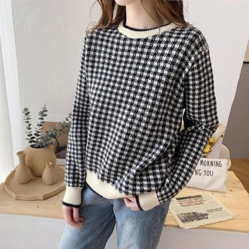 2021 New Fall Houndstooth Sweater for Women Winter Warm Knitted Pullover Loose Oversize Aesthetic Fluffy Crop Top Outerwear Coat