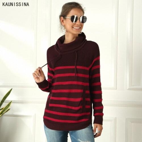 Women Knitted Sweater Striped Long Sleeve Turtleneck Knitwear Pullover Pockets Casual Jumper Sweaters Female Clothing 6 Colors